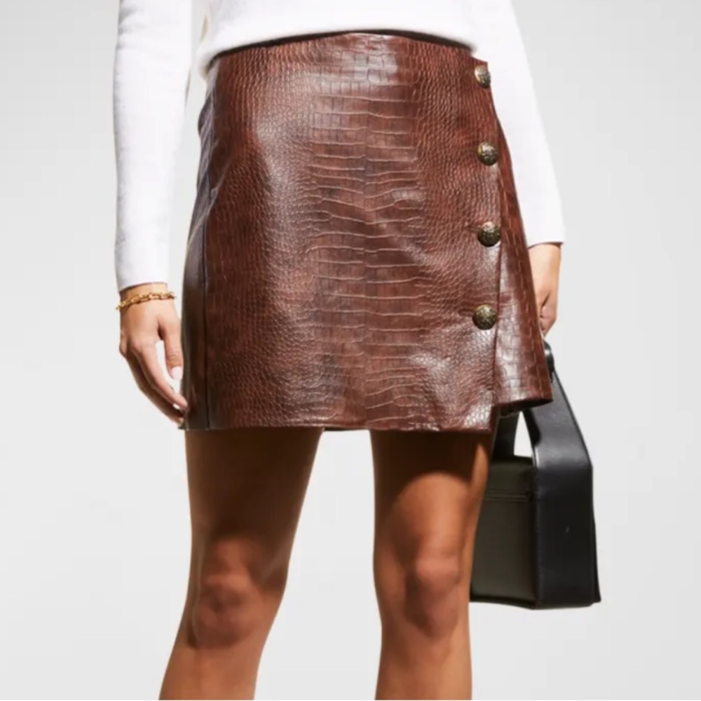 Veronica Beard Brown Croc-Embossed Leather Mini Skirt
